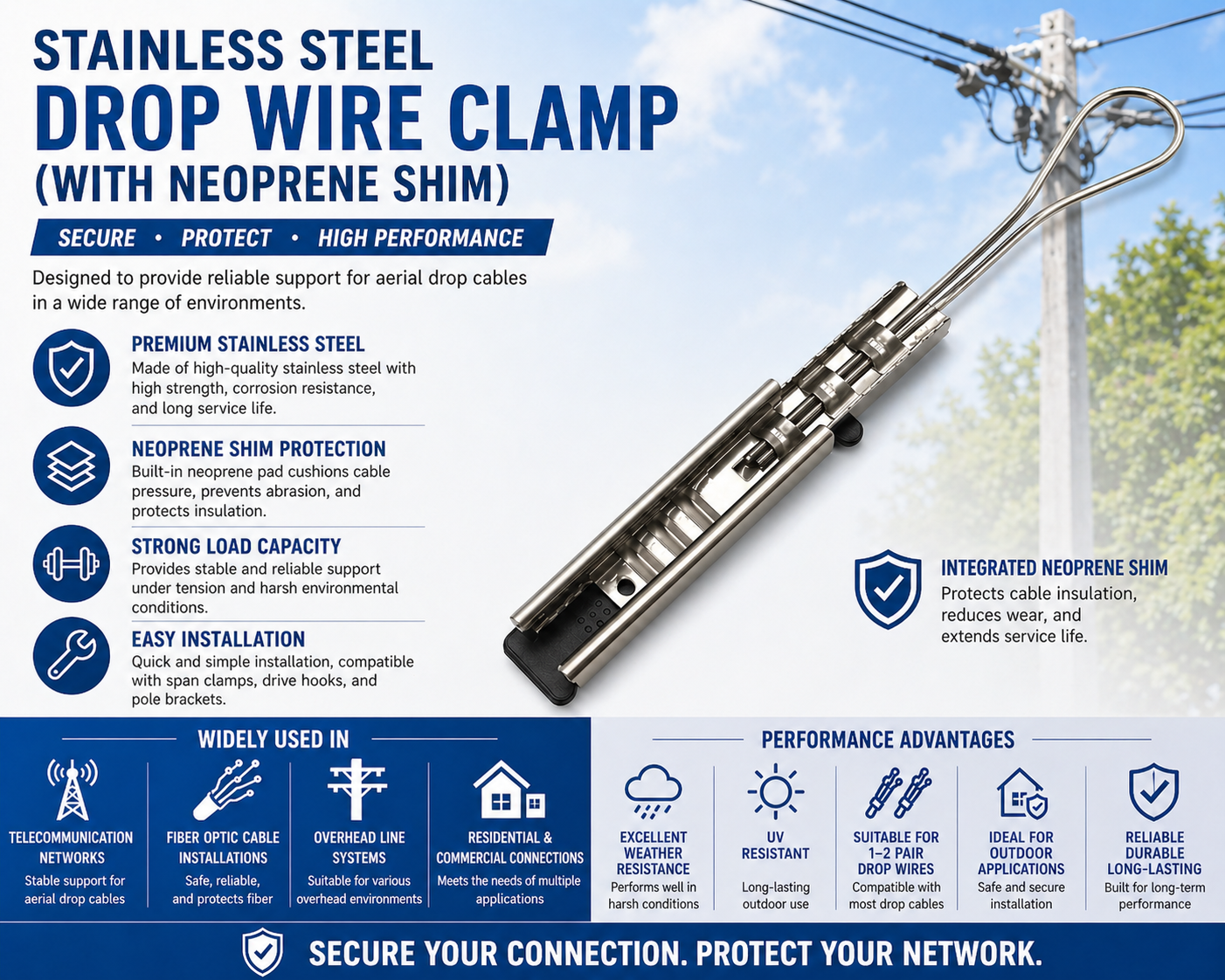 Telecom Drop Wire Clamp | Stainless Steel & Plastic