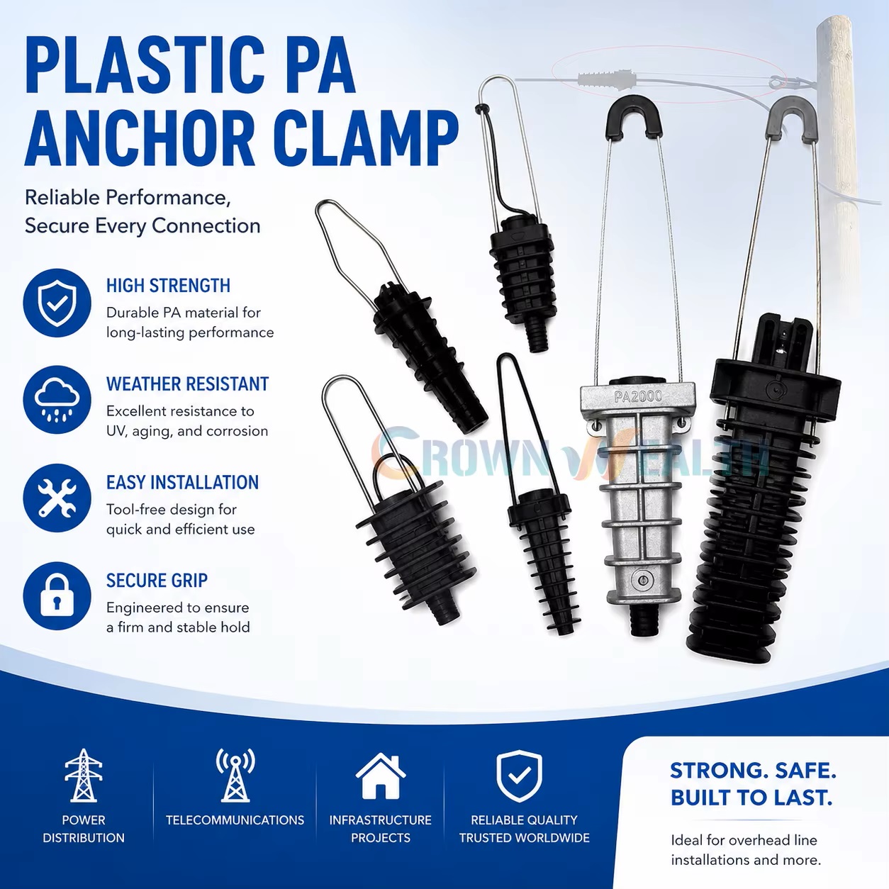 Factory Pole Line Aerial ABC Fiber Optic Cable Plastic Aluminum Tension Dead End Wedge PA Anchor Clamp Factory Pole Line Aerial ABC Fiber Optic Cable Plastic Aluminum Tension Dead End Wedge PA Anchor Clamp