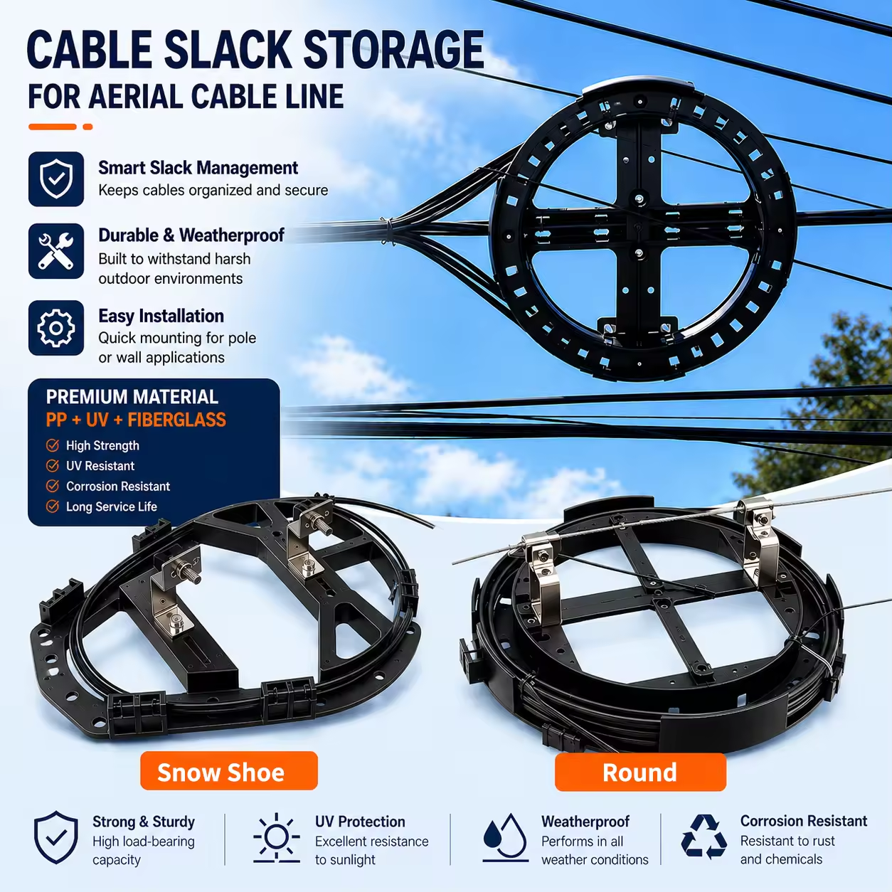 PP & Fiberglass Fiber Optic Cable Slack Storage Bracket – Durable Pole Line Cable Management Solution