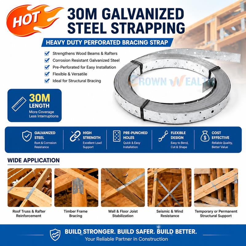 30M Galvanized Steel Strapping for Wood Beams & Rafters | Perforated Bracing Strap
