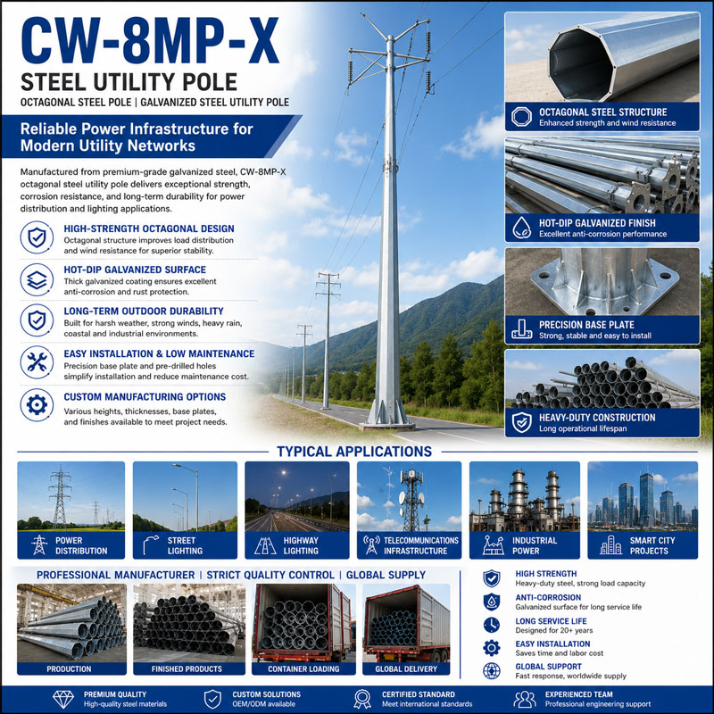 CW-8MP-X: Steel Utility Pole | Octagonal Steel Pole | Galvanized Steel Utility Pole