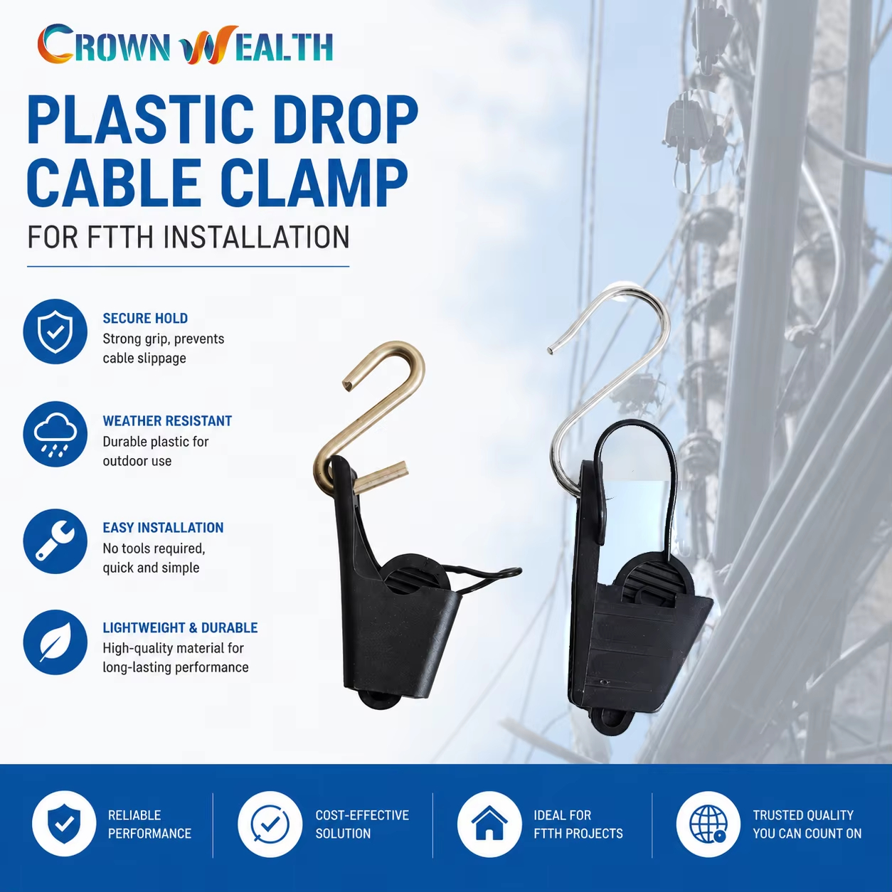 Factory Telecom Ftth Fiber Optic 2-5mm Plastic Nylon Tension Drop Wire Cable Clamp With S Hook