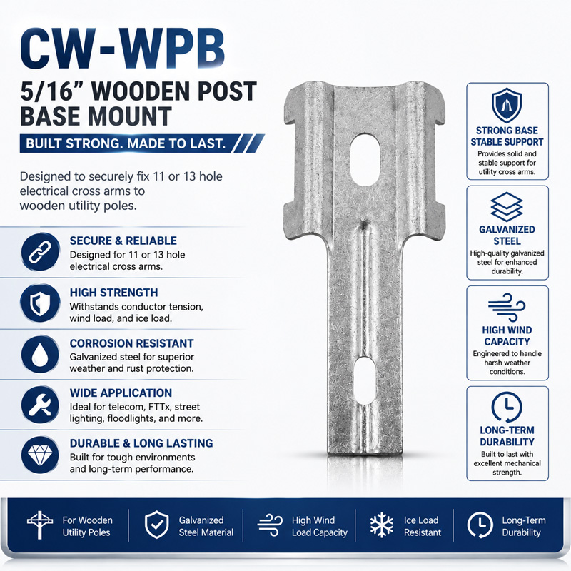 CW-WPB: The 5/16 Wooden Post Base Mount is Designed to Fixed 11 or 13 Hole Electrical Cross Arm