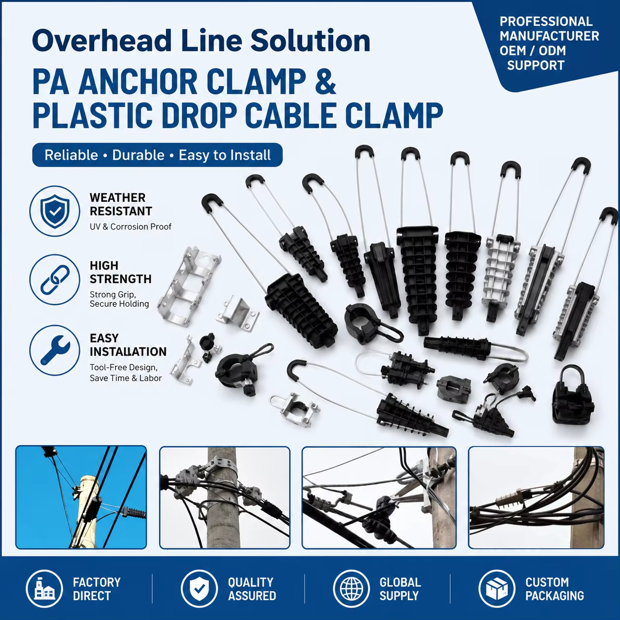 Factory Pole Line Aerial ABC Fiber Optic Cable Plastic Aluminum Tension Dead End Wedge PA Anchor Clamp